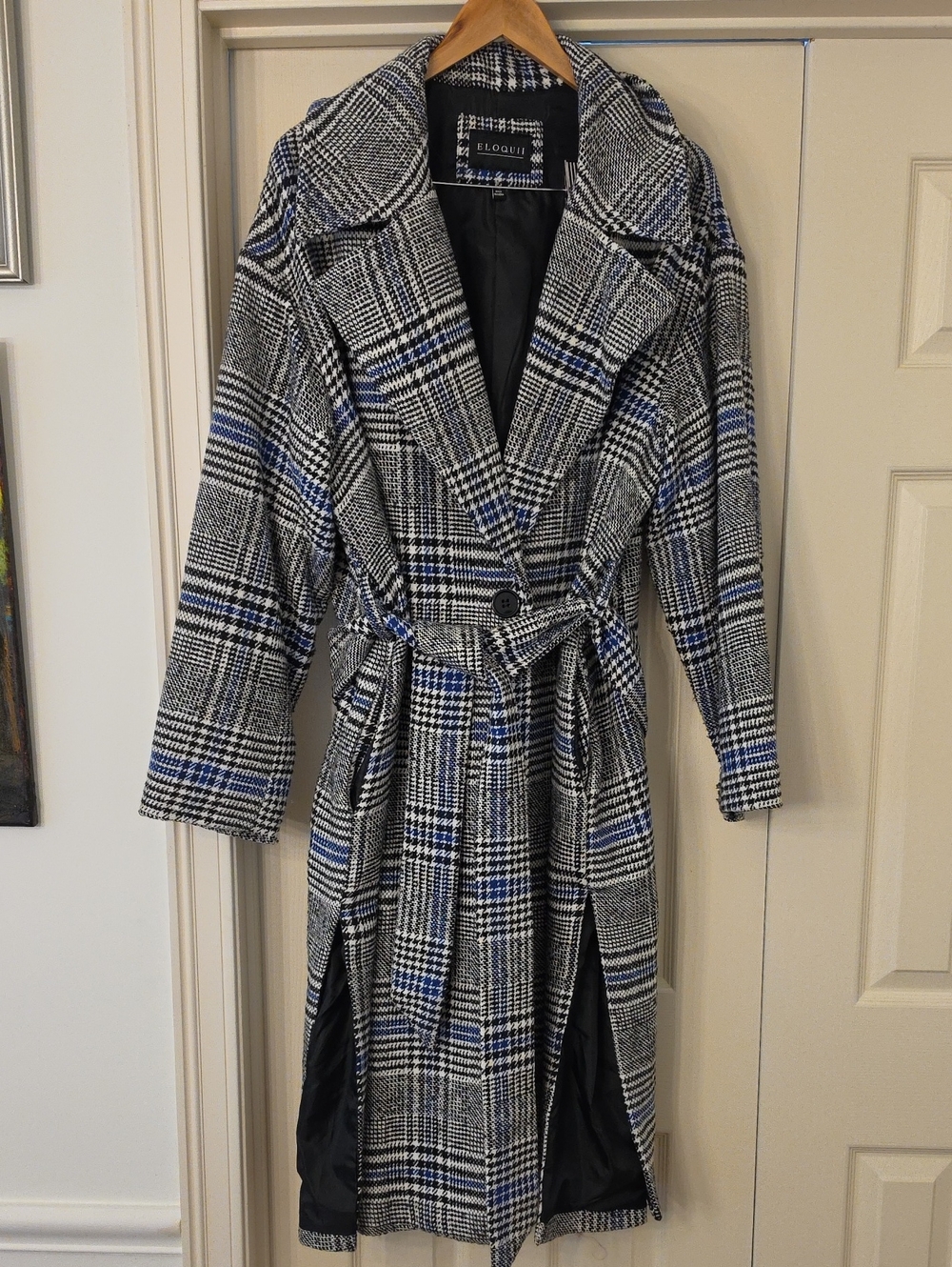 Eloquii Black, White & Blue Glen Plaid Trench Coat